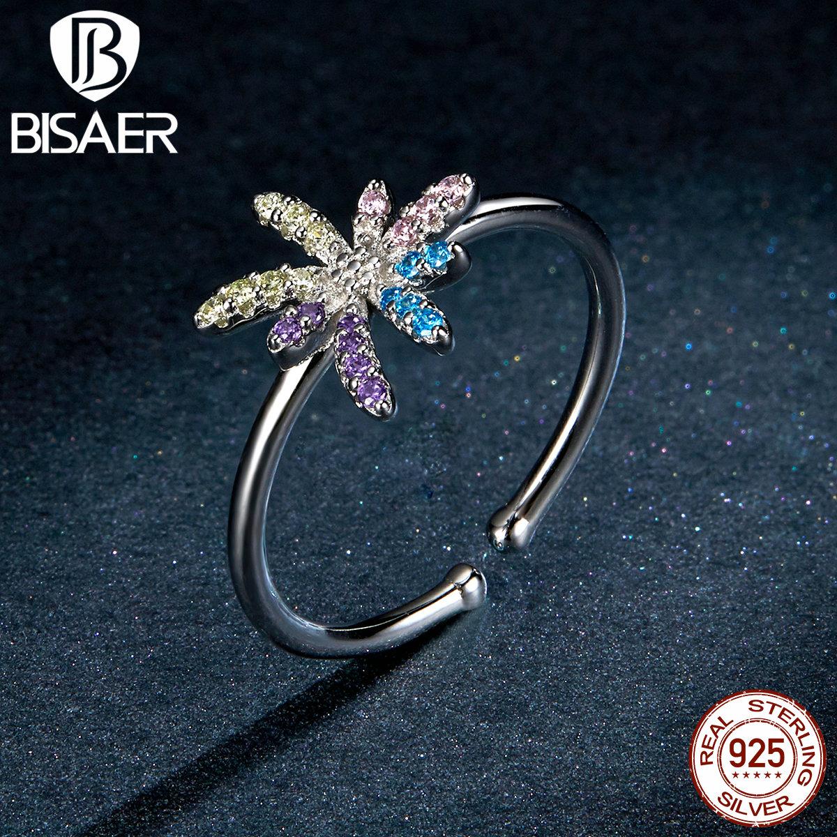 

BISAER Пион Фейерверк Кольцо на Палец для Женщин Стерлингового Серебра 925 Цветные Ювелирные Изделия CZ серебряный