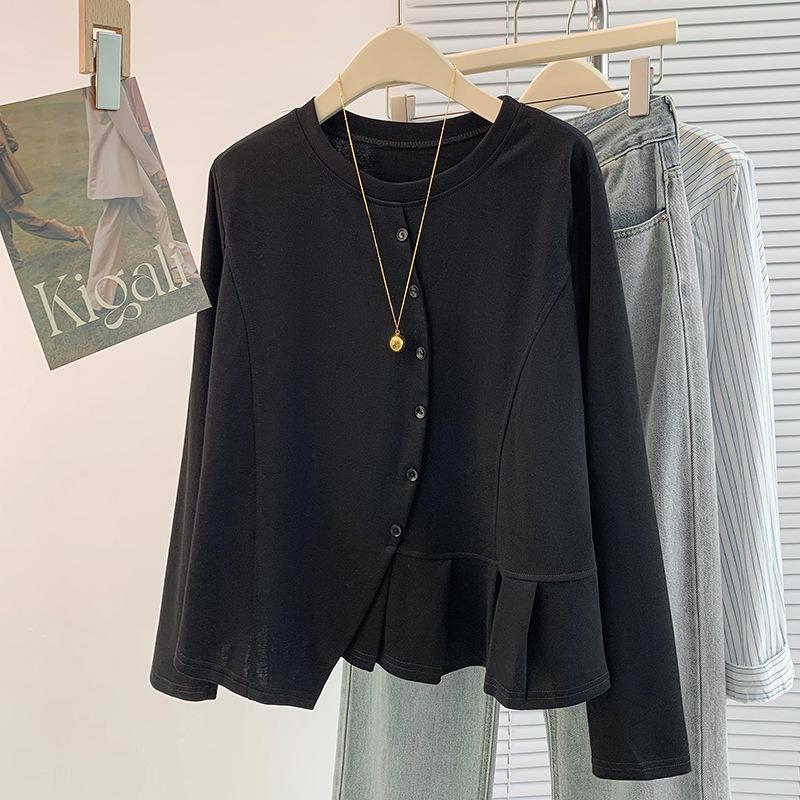 Autumn Slimming Plus Size Ruffle Long Sleeve T-Shirt 3XL чёрный