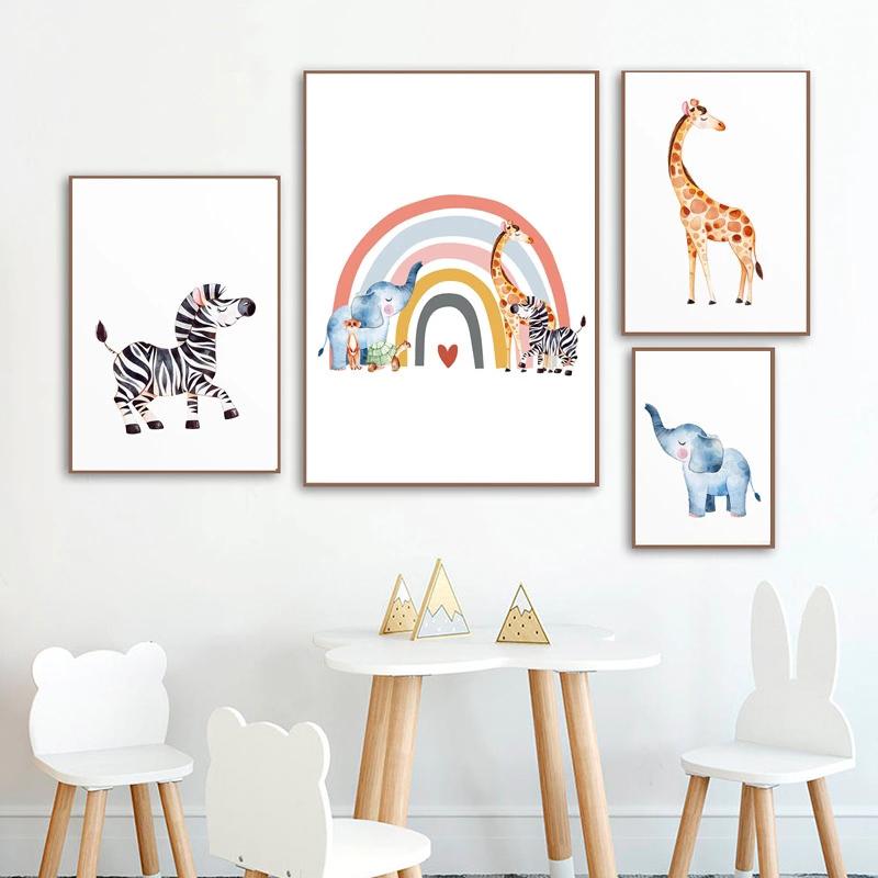 Baby Nursery Wall Poster Print Rainbow Animal Canvas Painting Nordic Wall Art Children Bedroom Wall Picture Kids Room Decor Art