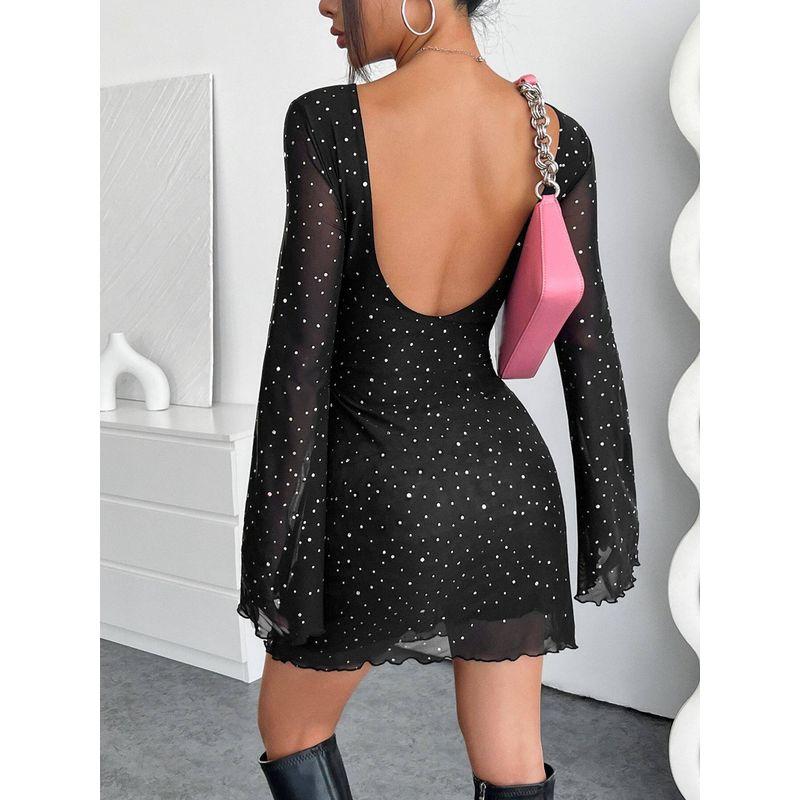 European and American Cross-Border Amazon 2026 New Elegant Women s Black Mesh Sequin Backless Slim-Fit Long-Sleeve Dress Black S