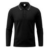 Men Striped Contrast Collar Long Sleeve Polo Shirt, 3 Button Placket Textured Lightweight Business Casual Golf Collared Top Multiple Colors