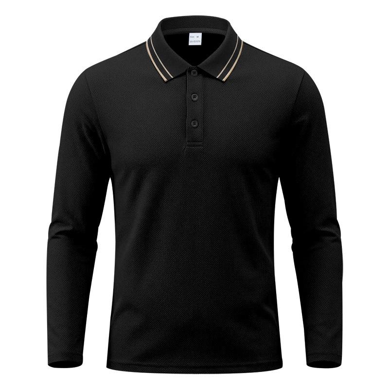 Men Striped Contrast Collar Long Sleeve Polo Shirt, 3 Button Placket Textured Lightweight Business Casual Golf Collared Top Multiple Colors