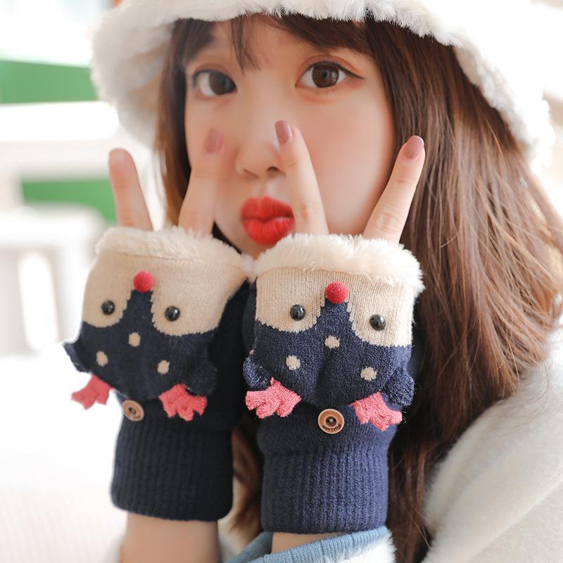 Gloves female winter cute student writing bare finger half male warm fleece flip child half finger Christmas