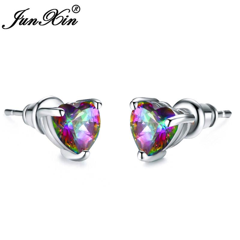 Girls Cute Heart Stud Earrings For Women White Gold Color Brilliant White Zircon Blue Purple Austrian Crystal Wedding Studs Cz