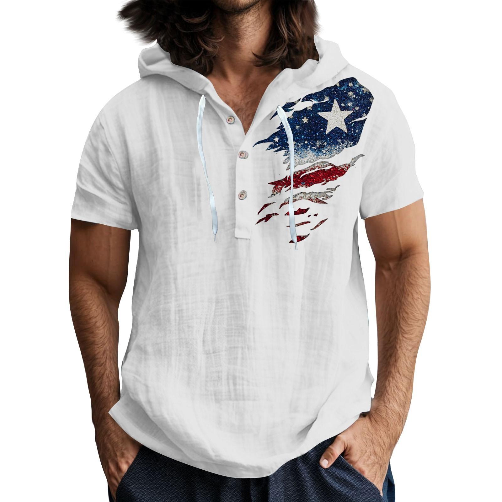 

Men S Casual Short Sleeved Hooded Top Buttoned Open Neck T-Shirt XL білий