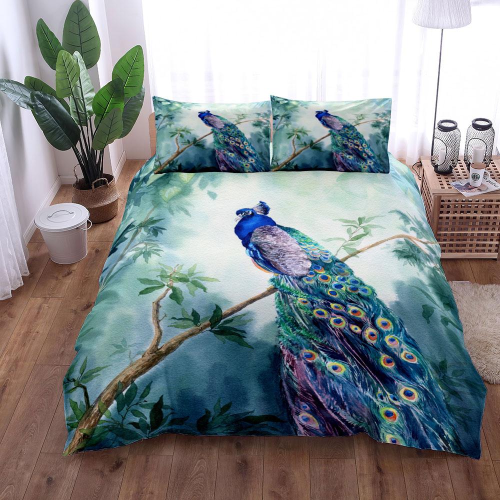 Watercolor Peacock Duvet Cover Set King Queen Double Full Twin Single Size Bed Linen Set