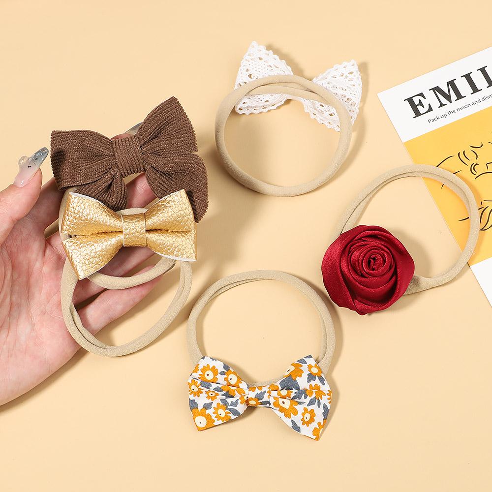 5Pcs/Set Newborn Elastic Nylon Hair Bands Solid Lace Bows Baby Headband For Girls Turban New Headwear Kids Hair Accessories Gift