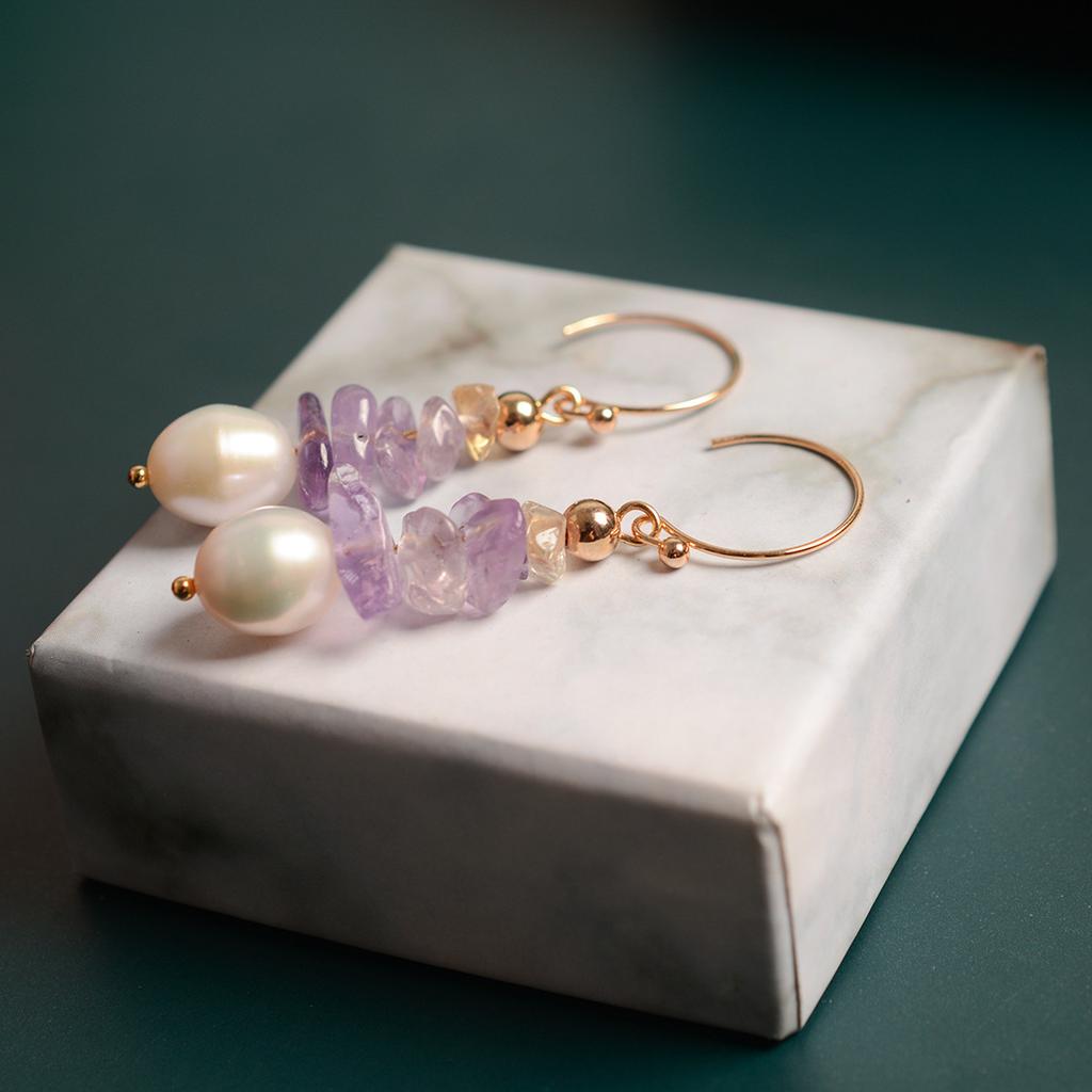 Korean version of simple natural freshwater pearl earrings Internet celebrity temperament 11k gold design amethyst earrings jewelry women