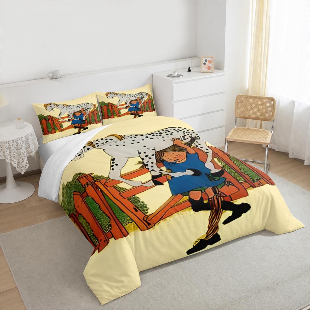 3 Piece Bedding Set Pippi Longstocking Lifting Spotted Horse Over Fence Red Hair Strong Astrid Lindgren Book Art Print for Adult Room Decor