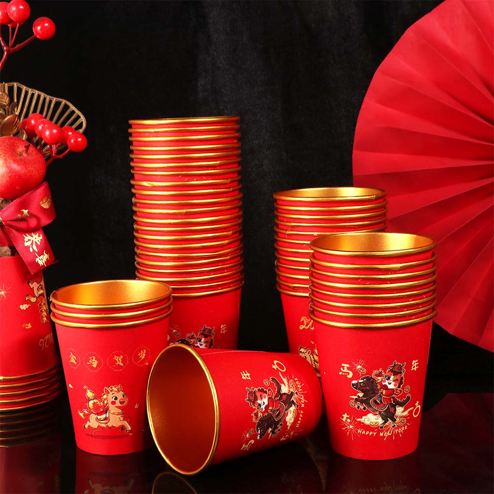 50pcs Horse Pattern Spring Festival Paper Cup Anti-scalding Drinking Tea Cup Water Cup  Party