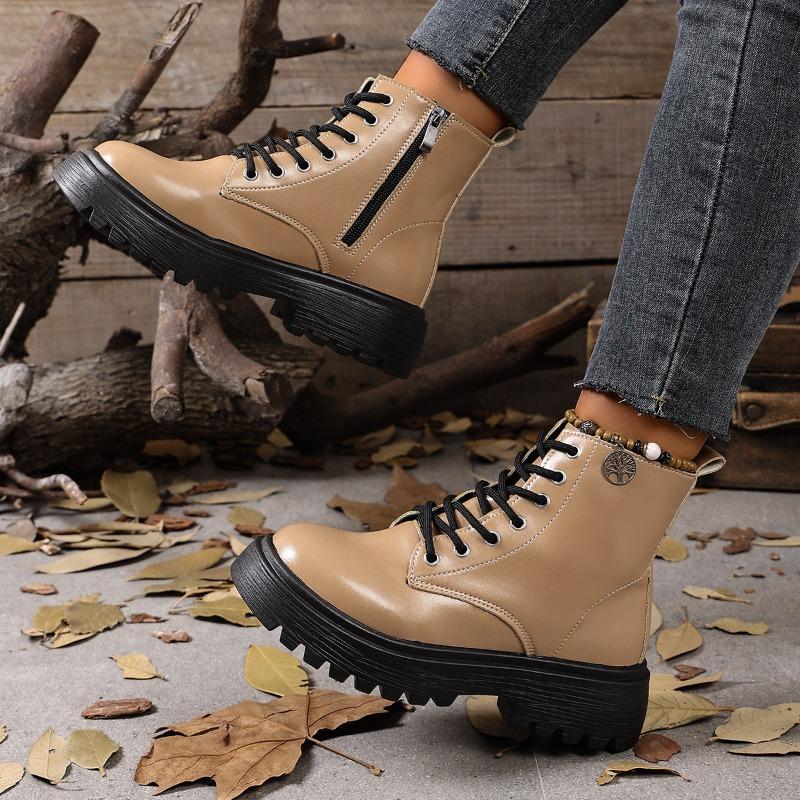 Block Heel Platform Booties Fashion Round Toe Lace-up Side Zipper Soft Sole Anti-Slip Wear-Resistant Women's Shoes