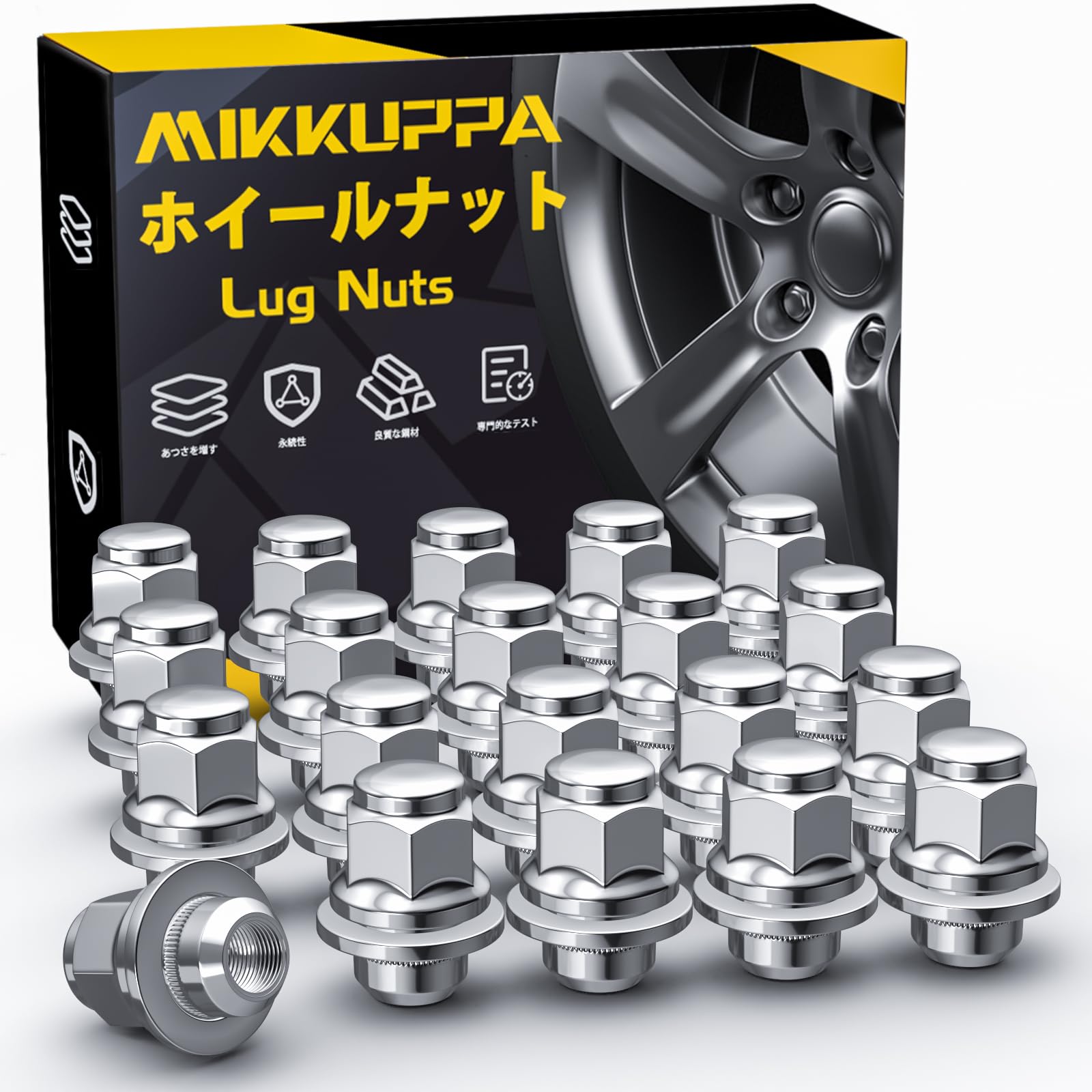 MIKKUPPA M12×P1.5 Genuine Wheel Nuts for Toyota, Flat Seat, 21 HEX, 37mm Length, 20-Piece Set, 90-Degree, Silver Lug Nuts