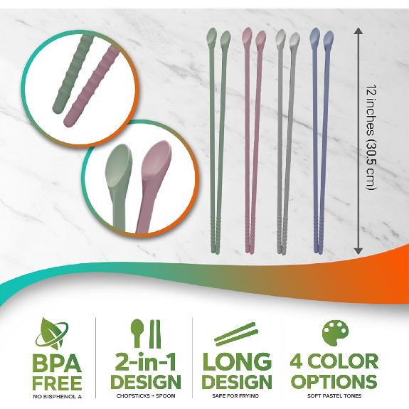 Reble Long Silicone Cooking Chopsticks with Spoon - 12 Inches 3 Color Set, Eco-Friendly, Heat-Resistant, Non-Slip, Non-Scratch, Japanese Asian