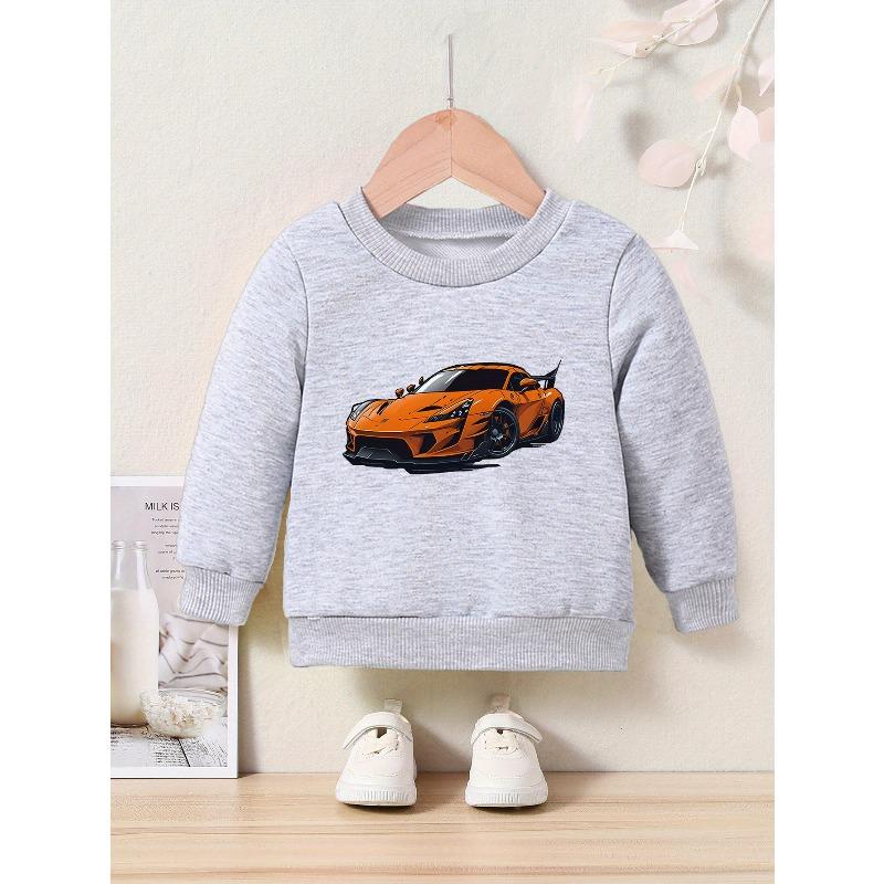 Kids Sweatshirt Cartoon Sports Car Print Crew Neck Sweatshirt - Casual Active Pullover & Under - Applique Design, Regular Fit