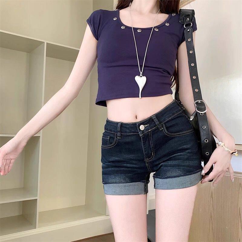 Women's Petite Spicy Retro High-Waist Dark Denim Hot Pants