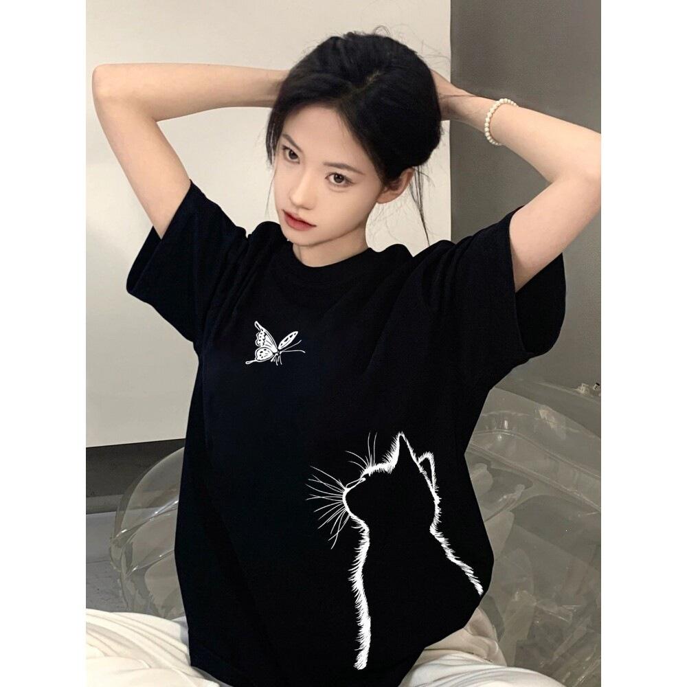 Pure cotton black short-sleeved women's t-shirt new popular summer unique design niche top loose t-shirt