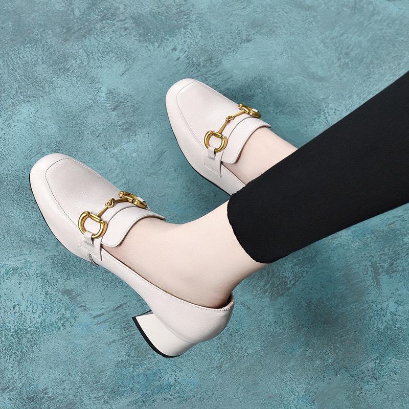 

High heels 2025 spring new round head thick heel middle heel square heel women s shoes first layer cowhide square buckle single shoes loafers 40