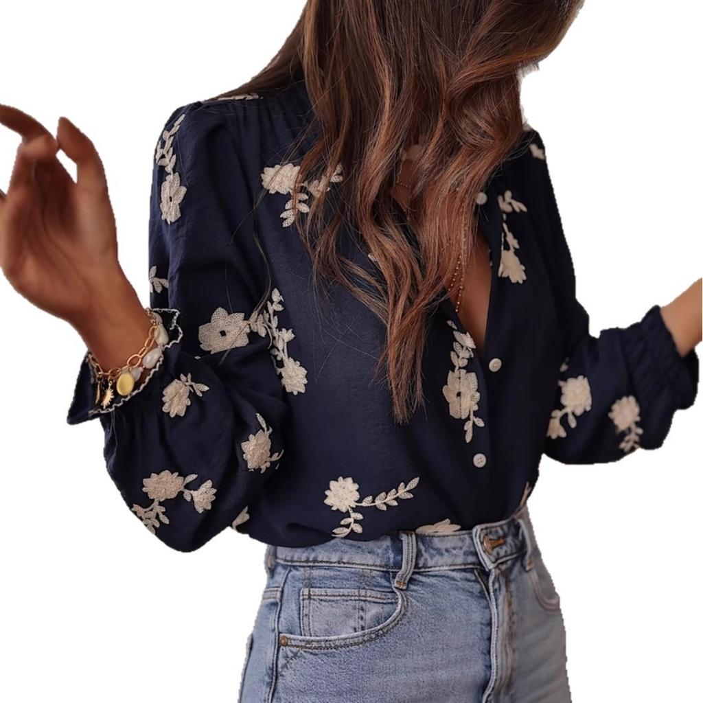 Spring Summer New Women's Embroidered Long Sleeve Chiffon Blouse European American Style Casual Elegant Ladies Top