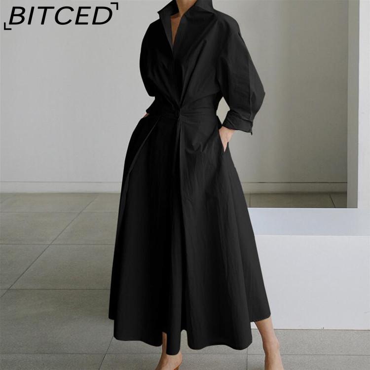 BITCED Women Casual Loose Long Dress Turn-down Collar Long Sleeve