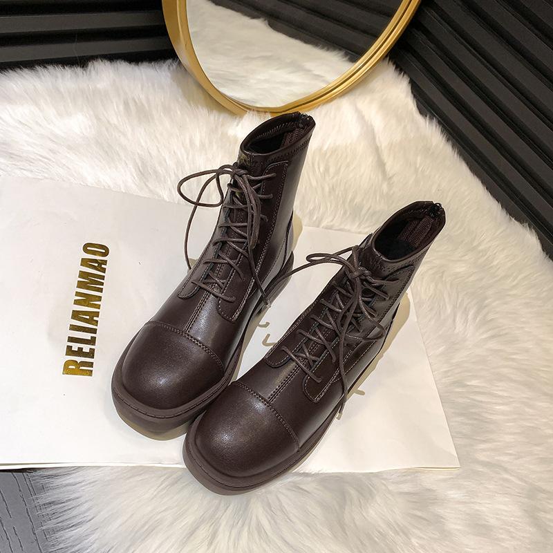 New leather Martin boots women's British versatile rear zipper flat-bottomed short boots thin boots women's knight boots