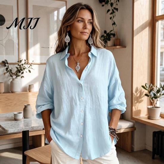Solid Color Blouses Women Casual Button Front Shirt, Long Sleeve Turndown Collar Blouse, Work Shirts Drop Shoulder Fall Top for Daily Wear