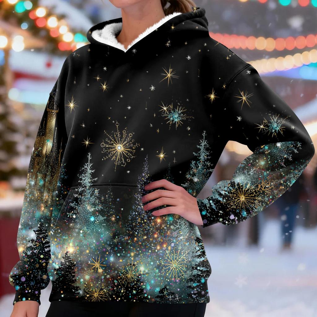 Women's Casual Fashion Plus Velvet Thickened Christmas Print Hooded Sweatshirt
