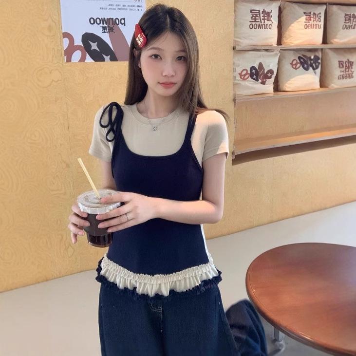 2025 Summer Lace Trim Color Block Sling T-shirt: Sweet & Spicy Girl Design