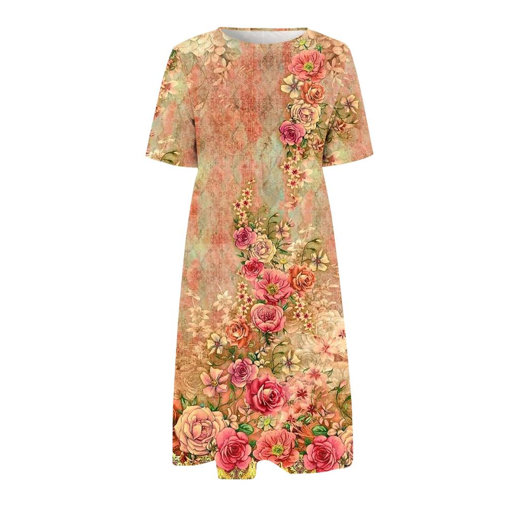 Women's Casual Dresses Printed Dresses Summer Dresses Printed Pleated Round Neck Midi Dresses Basic Classic Outdoor Daily Short Sleeve Loose Dresses