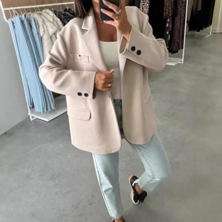 Warm Woolen Loose Casual Long Sleeves Oversized Single Breasted Lapel Collar Women Winter Jacket Solid Color Top Coat Autumn