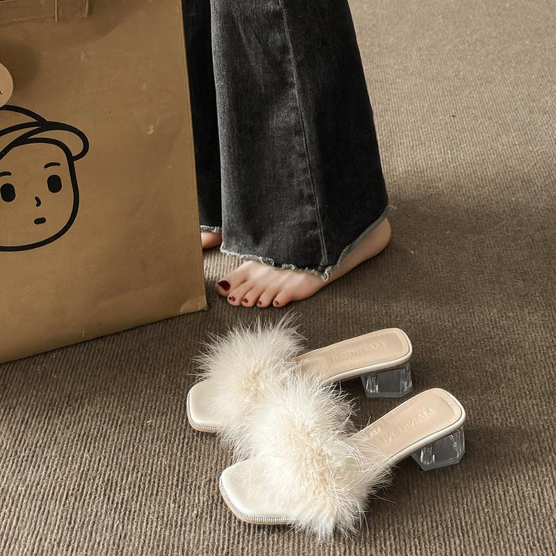 High Heels Women's 2025 Summer New French Fluffy Slippers Transparent Crystal Shoes Thick Heel Square Head Word with Sandals