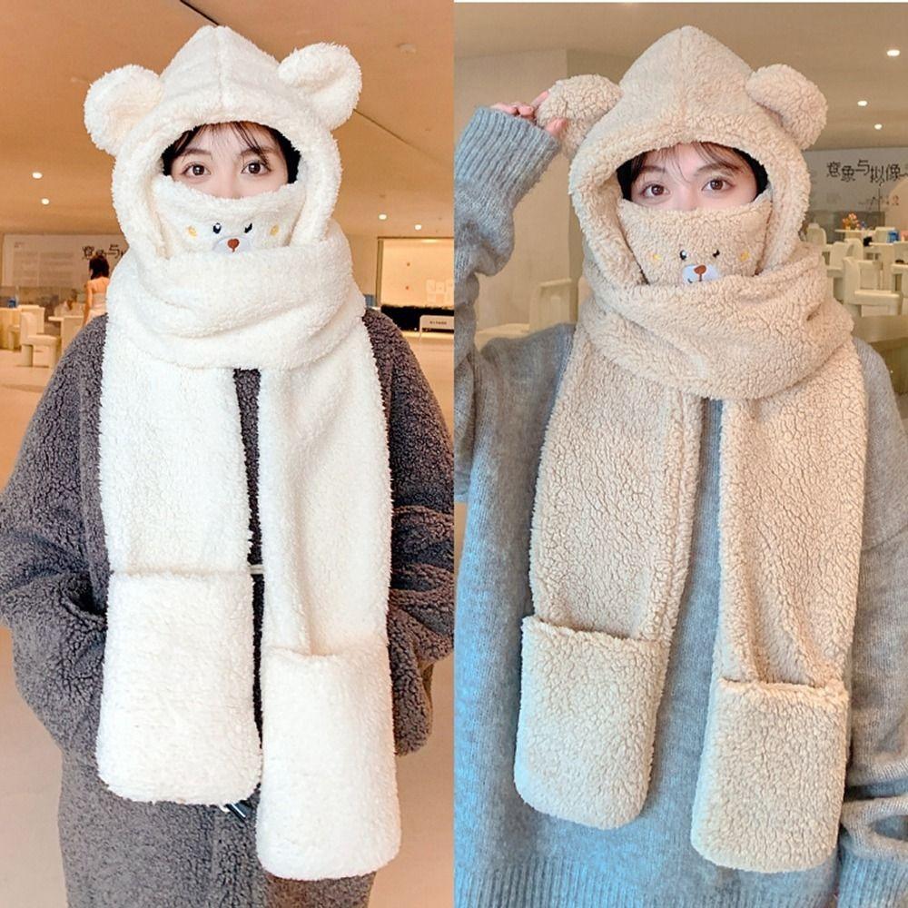 Ear Protection Korean Cap Bear Ears With Mask Winter Gloves Lamb Fleece Hat Women Plush Hat Scarf