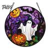 Waterproof Porch Decor Halloween Stained Glass Suncatcher Ornament, Vintage Hanging Window with Pumpkin Ghost Bat Witch Decorations Hat Pattern,