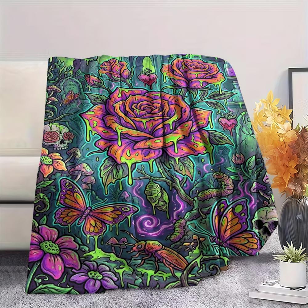 Corrosive Acid Skull and Rose Print Flannel Blanket,High Quality Comfortable for All Seasons,Home Decor,Warmth and Comfort,Perfect for Christmas Gifts