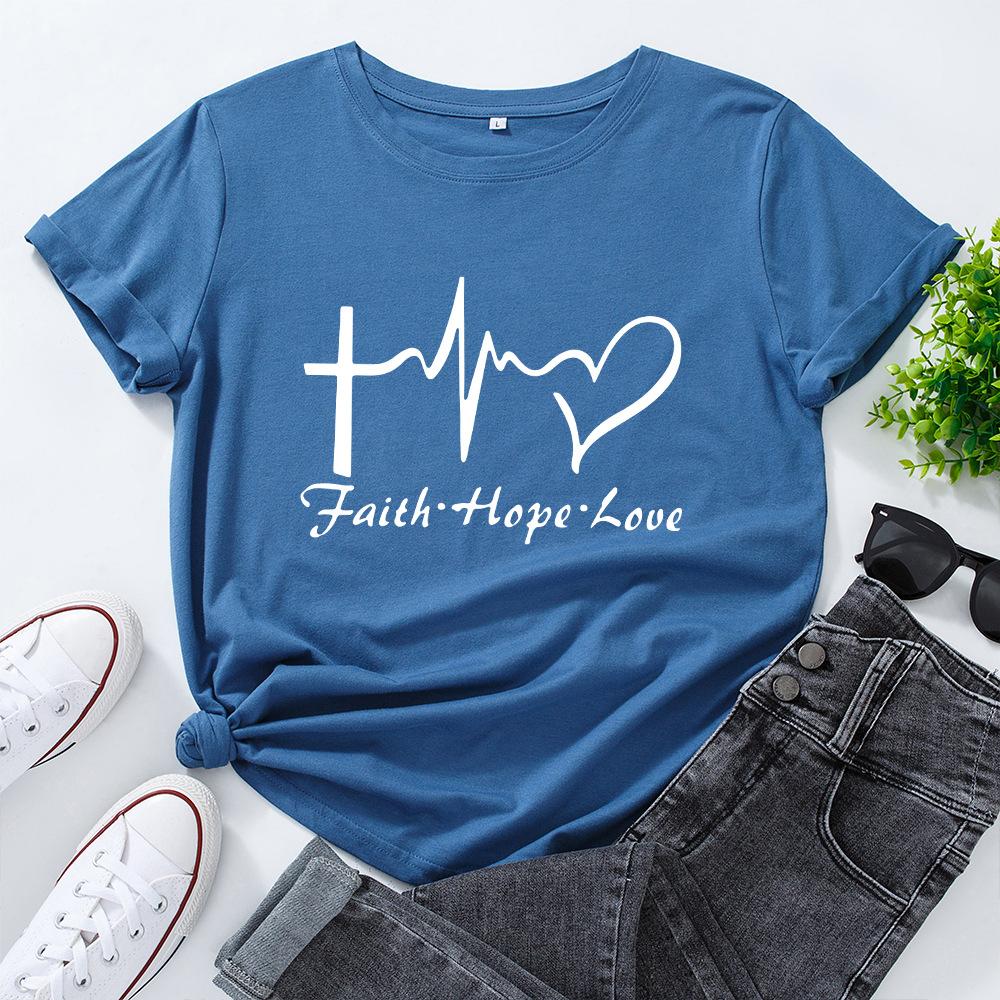 Faith Creative Alphabet Cotton T-Shirt Short Sleeve Round Neck Women 2d Print Tops