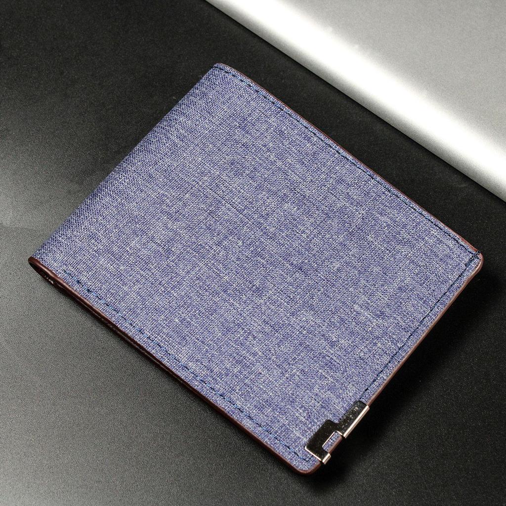 Men's Classic PU Wallet with Photo Frame, Bill Compartment & Card Slots - Short Horizontal Denim Texture