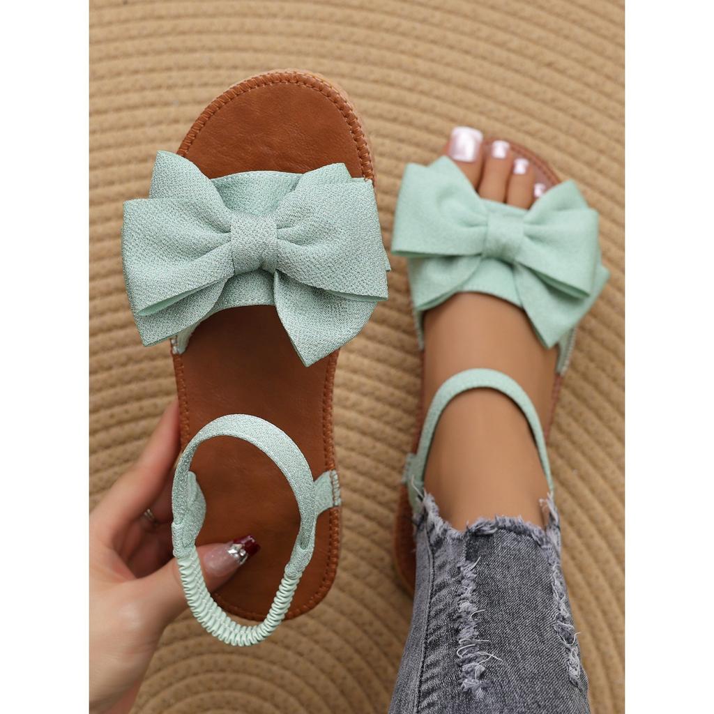 Letní módní ploché sandály s mašlí vpředu pro velké velikosti, pro dámy na nošení venku, na plážovou dovolenou a na běžné nošení