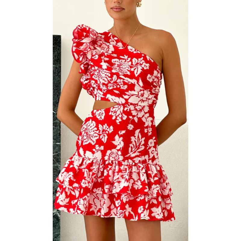 VEZFAA Women's Fashion Summer Spring Flower Pattern Print Sleeveless Oblique Collar High Waist Casual Dresses