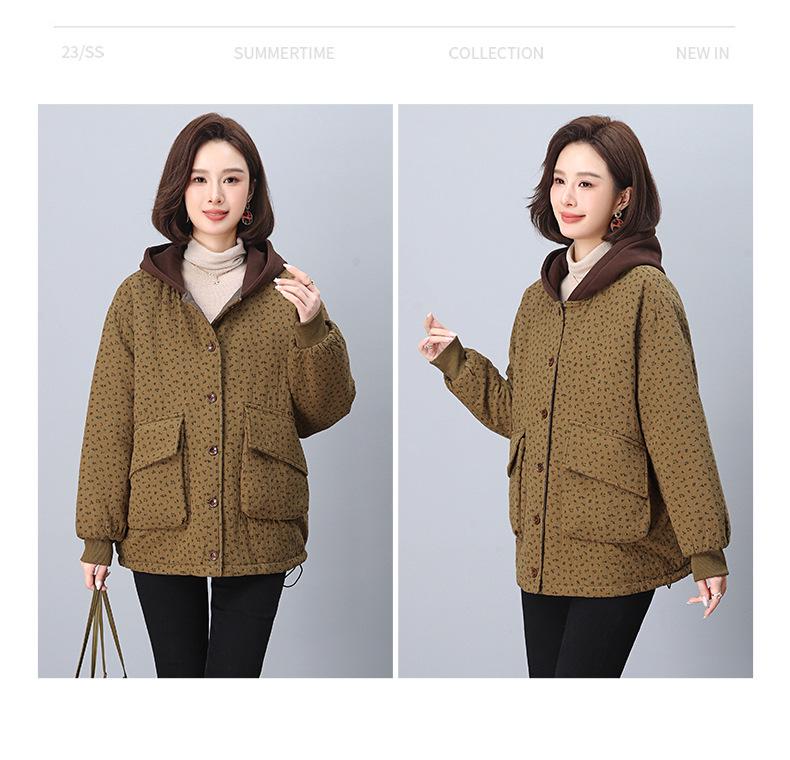 2024 Women's Retro Print Cotton Jacket - Winter Style, Plus Size, Loose Fit, for Middle-Aged and Elderly Moms
