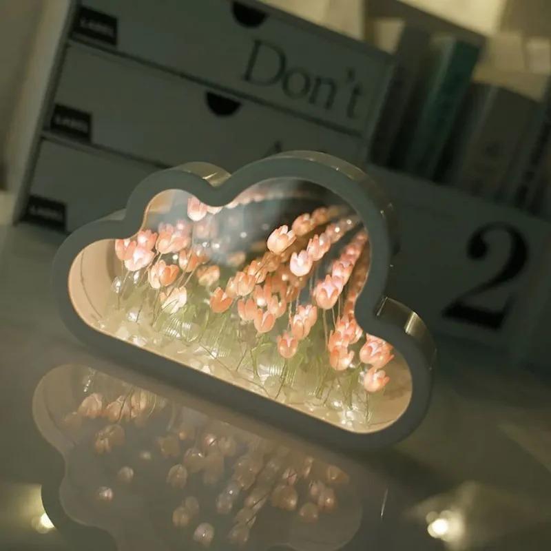 Handmade DIY Night Atmosphere Lamp Clouds Tulip Lamp LED Night Light Mirror Table Lamp Bedroom Decor Lights New
