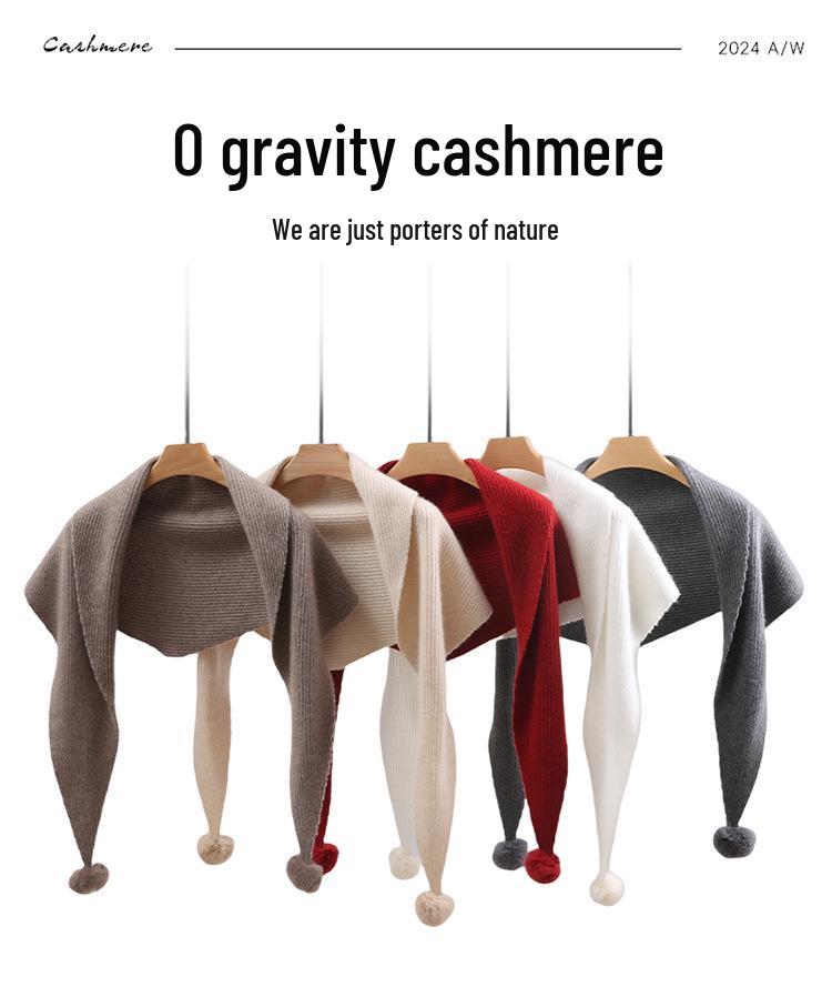 Cashmere Pompon Women's Triangle Shawl Scarf - Thick, Warm Neck Warmer for Autumn/Winter