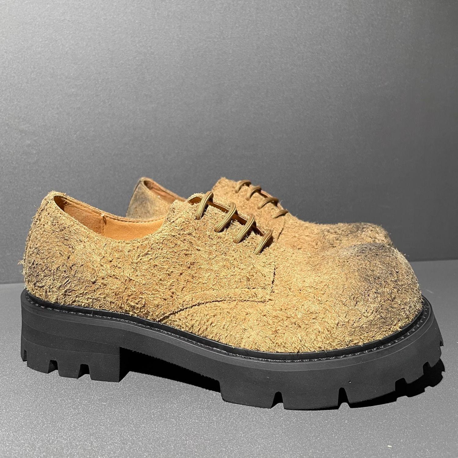 

2025 Commuter Leather Men s White Platform Heightening Big Head Do Old British Style Fur Spring and Autumn Thin Derby Shoes 38