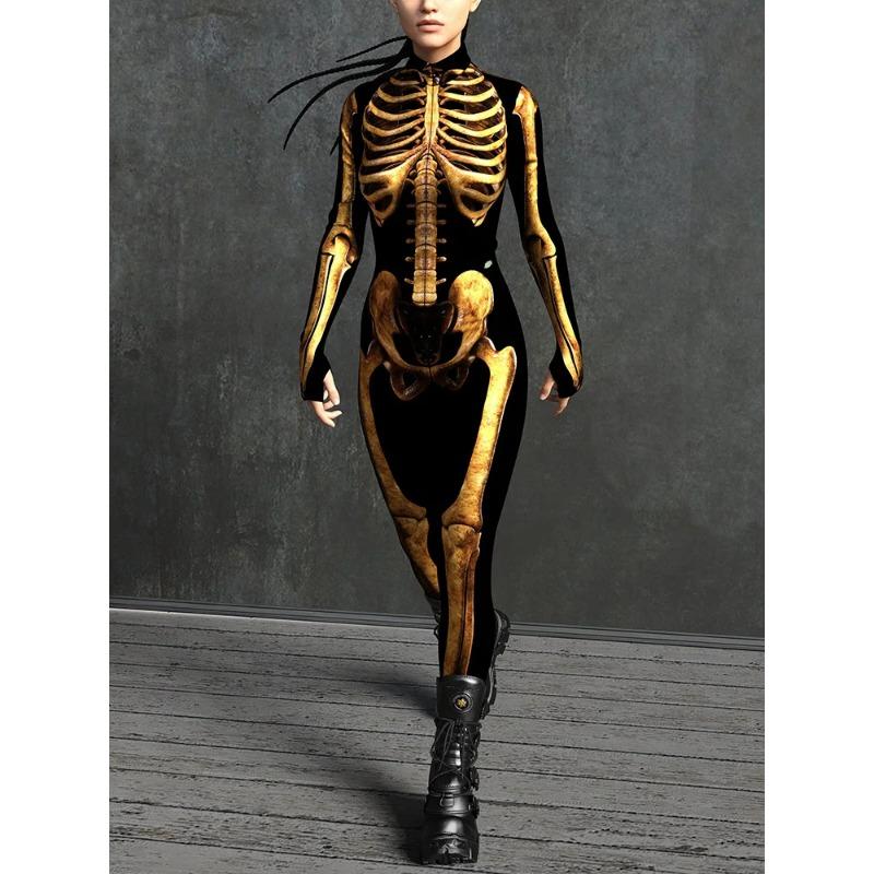 Salopetă Femei Sexy cu Imprimeu Craniu pentru Petrecere de Halloween Horror, Body pentru Petrecere de Sărbători, Costum Unic pentru Rave