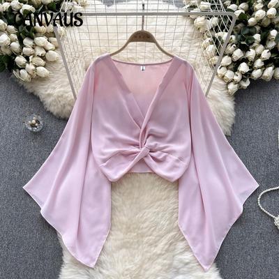Women's Plus Size New V Neck Twist Horn Long Sleeve Short Chiffon Top