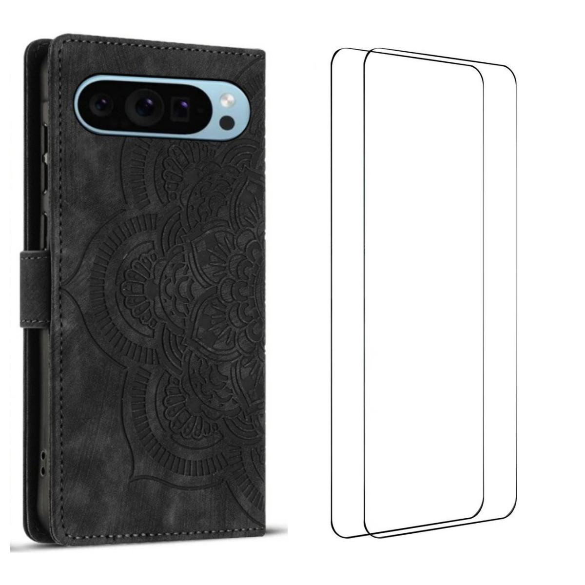

For Google Pixel 10 Pro Case with 2Pcs Tempered Glass WANLONFENG MTL Series Mandala Leather Phone Cover Black