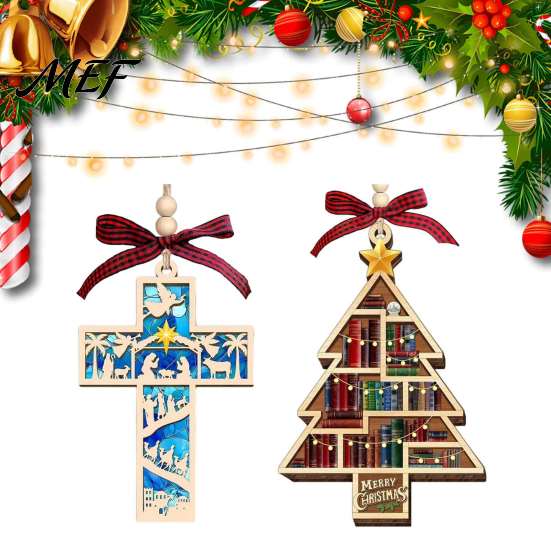 Plaid Bow Xmas Ornament Christmas Wooden Hollowed Pendant, Cross/Christmas Tree Hanging Ornament, Decorative Book Decoration Decor Craft for