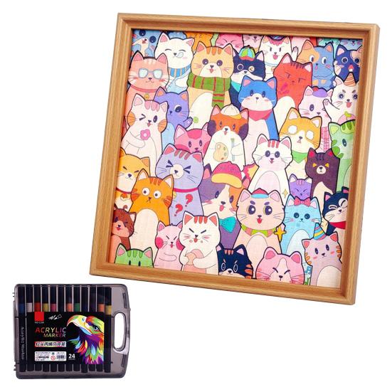 Yousheng  Wooden Cat Coloring Puzzle Kit with Marker Pens Glue DIY Hand-Painted 3D Irregular Cartoon Kitten Puzzle Photo Frame Decoration Ornament