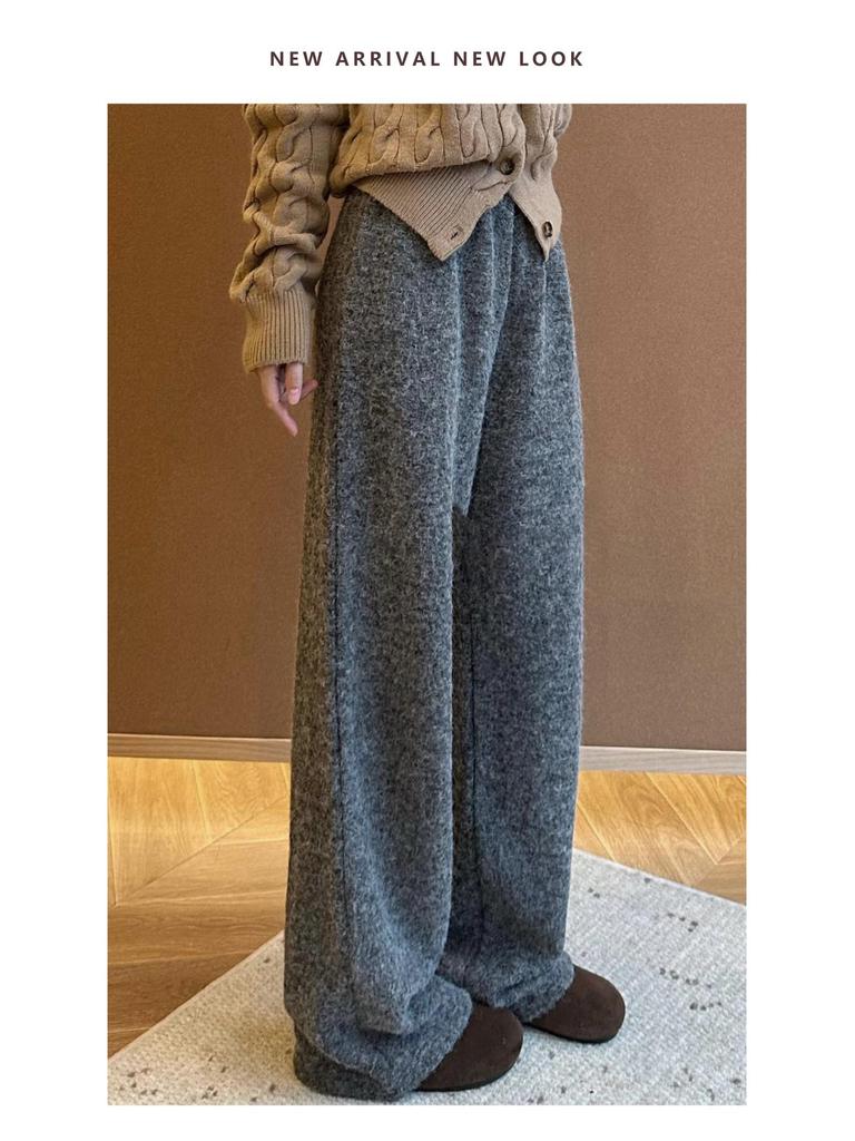 Women's Off-White Wool Blend Wide-Leg Pants: Autumn/Winter Style, Relaxed Fit, Fleece-Lined, Floor-Length Knit
