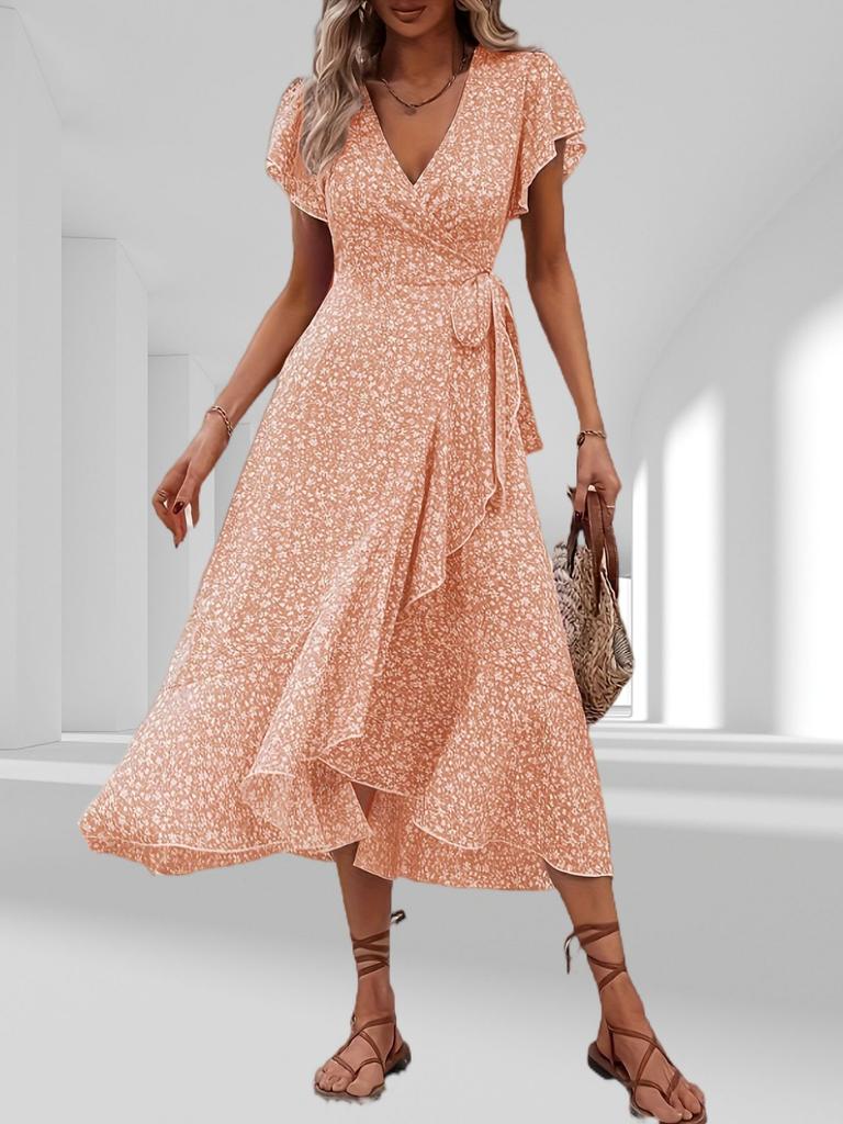 European and American summer floral new vacation short-sleeved temperament waist v-neck wrap dress