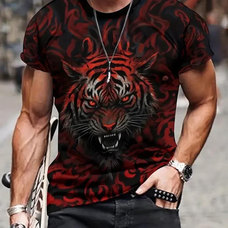 2024 New Animal T-Shirt For Men's Lion Tiger Wolf Printed Oversized T-Shirt Summer Men's Short Sleeve Tops Hawaii