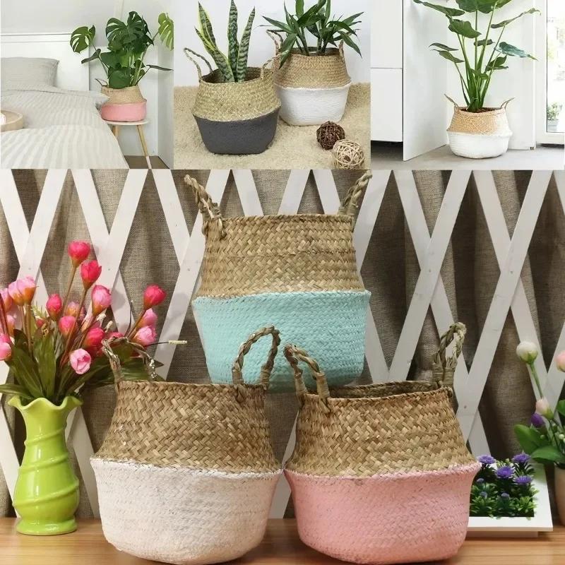 Foldable Rattan Grass Handmade Bamboo Storage Basket Laundry Grass Patchwork Wicker Rattan Seagrass Belly Garden Flower Pot